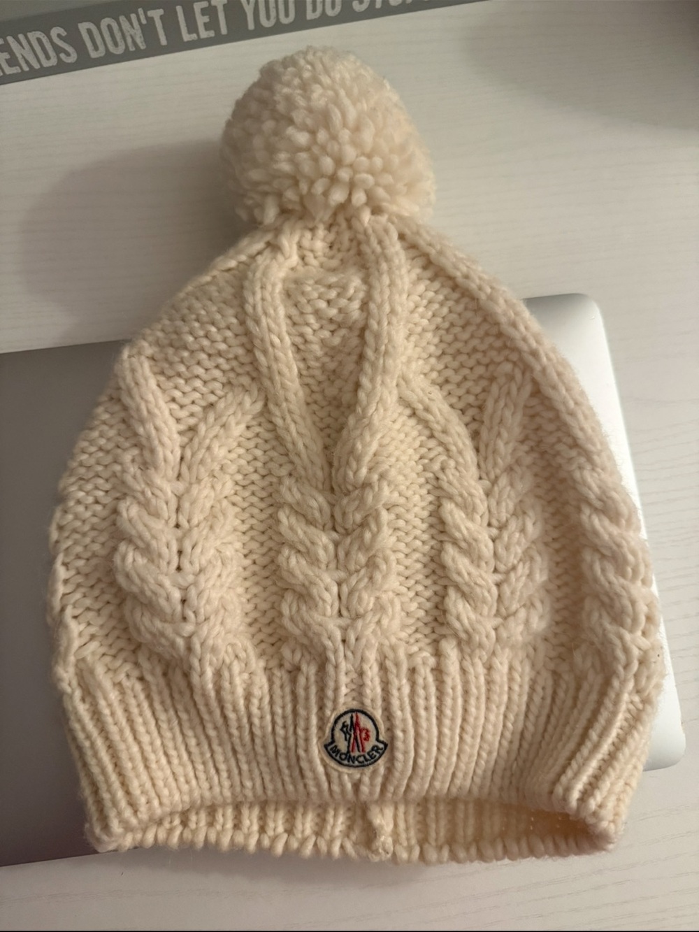 Moncler Cream Cable Knit Pom-Pom Kids Beanie